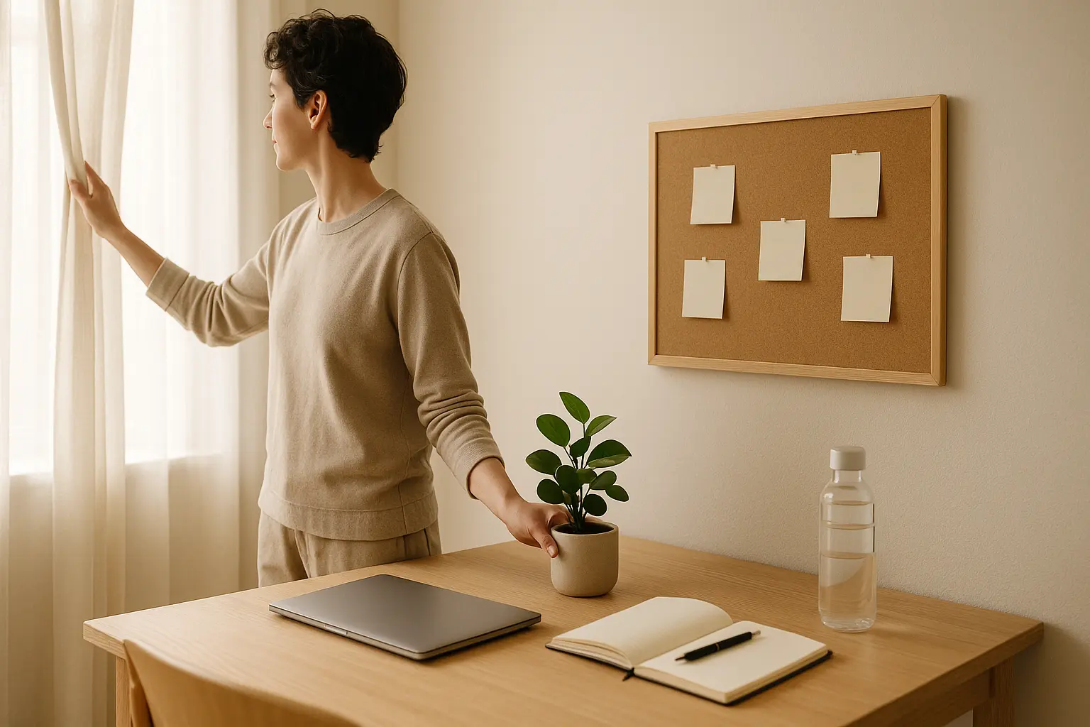 Persona abre la cortina para dejar entrar luz natural en un escritorio minimalista con planta, libreta y tablero de corcho: entorno que mejora la motivación.
