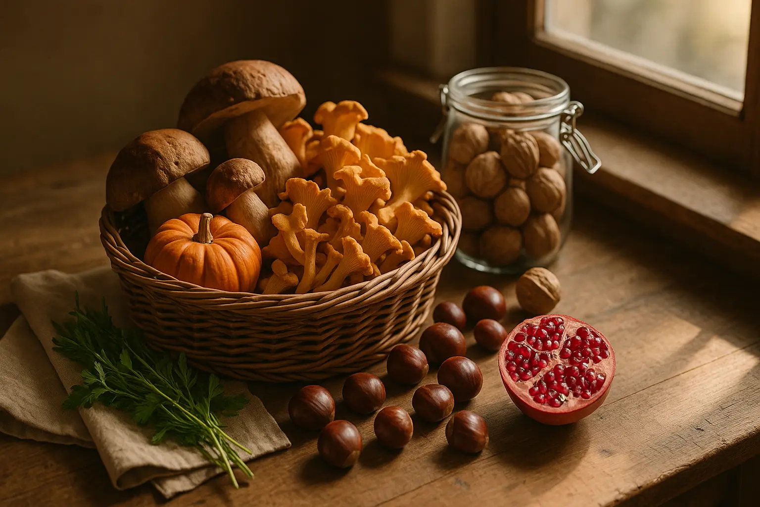 Cesto otoñal con setas, calabaza, castañas, granada y un tarro de nueces en mesa de madera con luz de mañana.