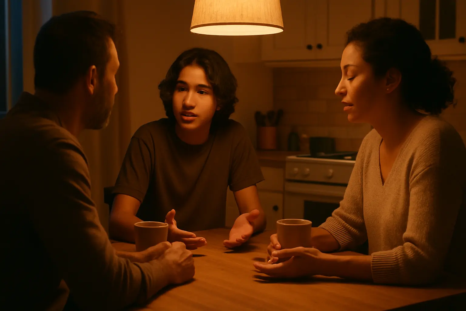 Familia conversando con calma en mesa de cocina, luz cálida y manos abiertas con tazas.