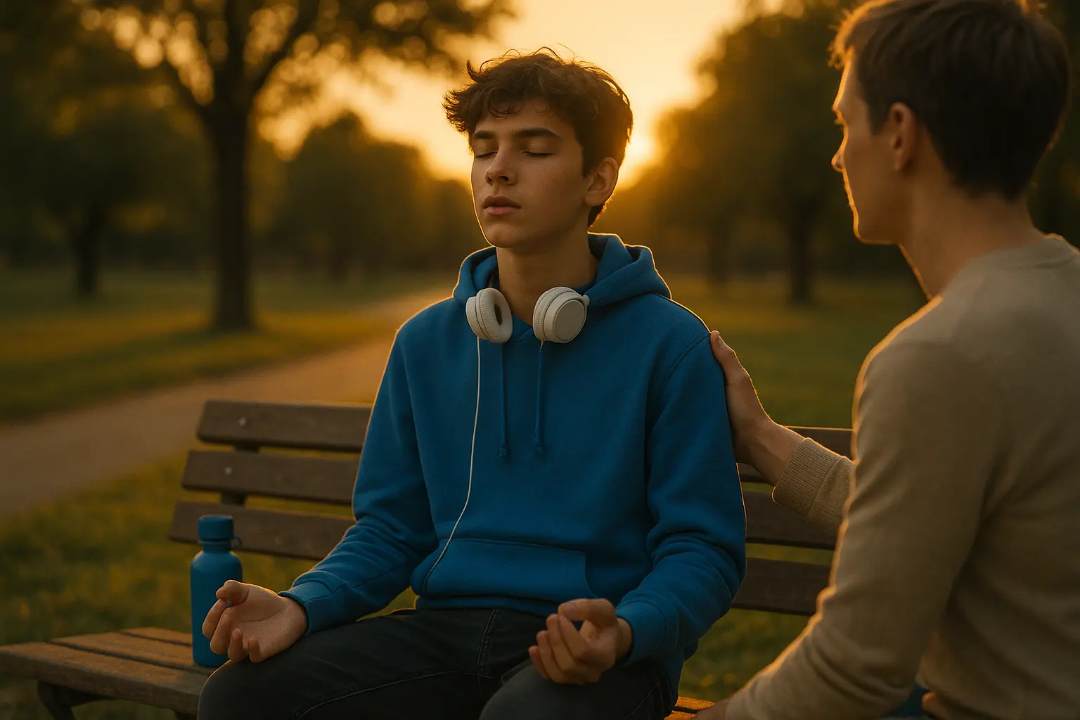 Adolescente meditando en un banco de parque al atardecer acompañado por un adulto de apoyo