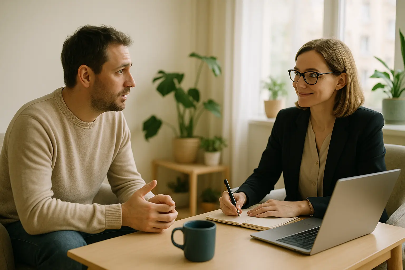 Adulto conversando con una profesional de salud mental en una consulta luminosa y acogedora