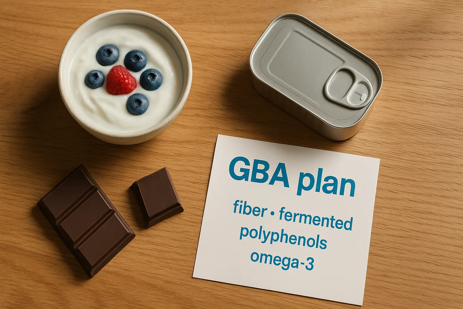 Mesa con kéfir y frutos rojos, chocolate negro y tarjeta “GBA plan: fibra, fermentados, polifenoles y omega‑3”.