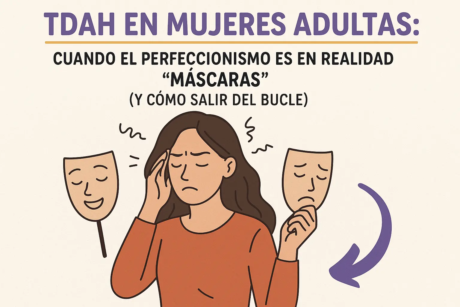 Ilustración de una mujer adulta con TDAH, gesto cansado, rodeada de máscaras que simbolizan el perfeccionismo y el camuflaje.