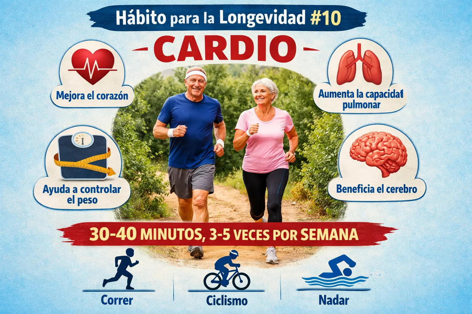 Infografía sobre el hábito #10 para longevidad: cardio, con beneficios (corazón, pulmón, cerebro y control de peso) y dosis recomendada 30–40 min, 3–5 veces por semana.