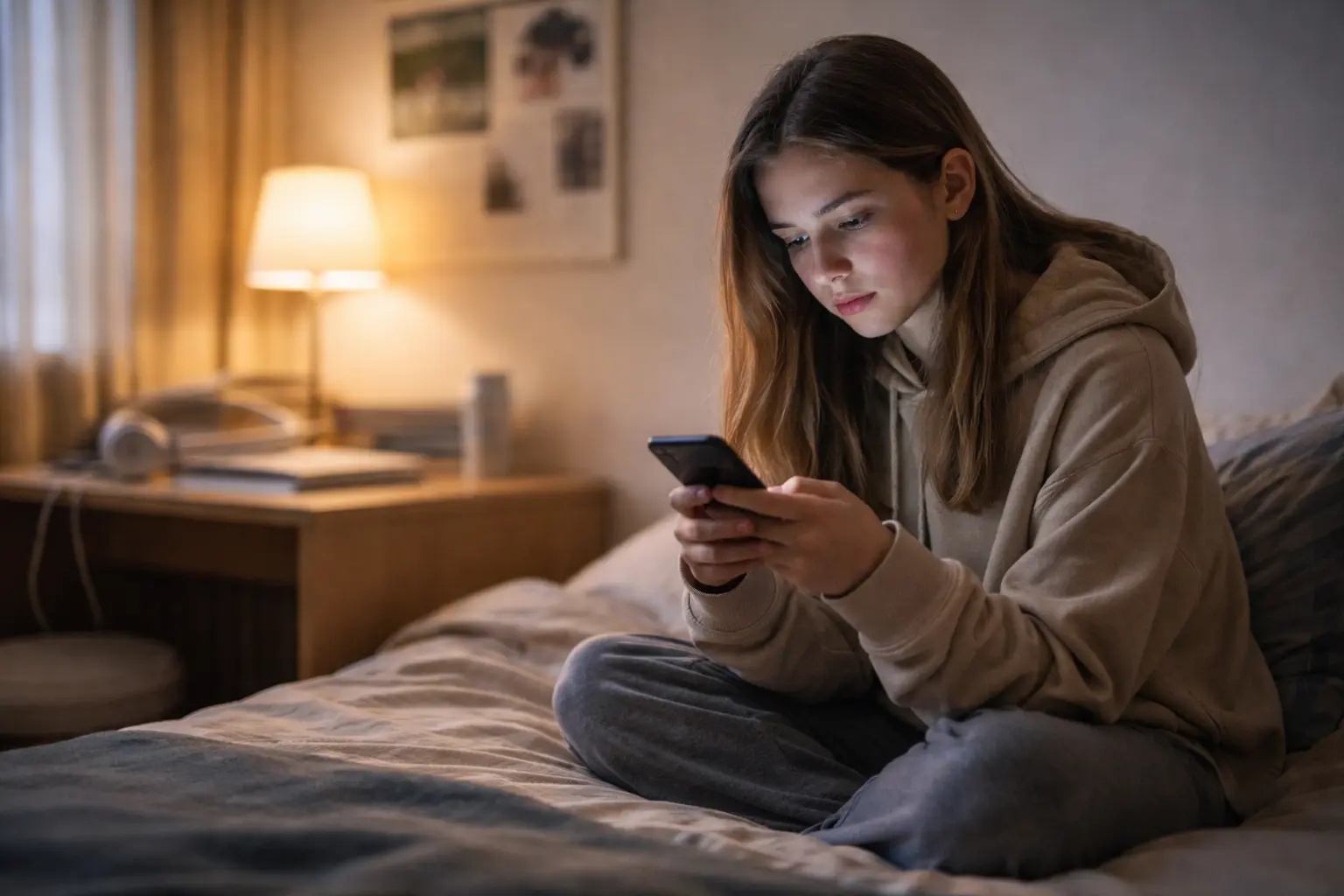Adolescente en su habitación mirando el móvil por la noche, en una escena editorial sobre salud mental, sueño y uso problemático de redes sociales.