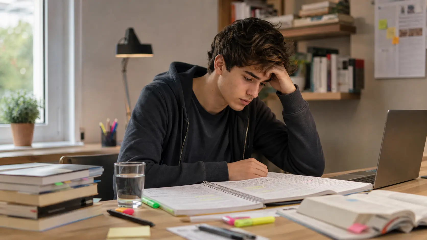 Estudiante adolescente estudiando con ansiedad antes de la PAU 2026, con apuntes, portátil y signos de bloqueo mental e insomnio por exámenes.