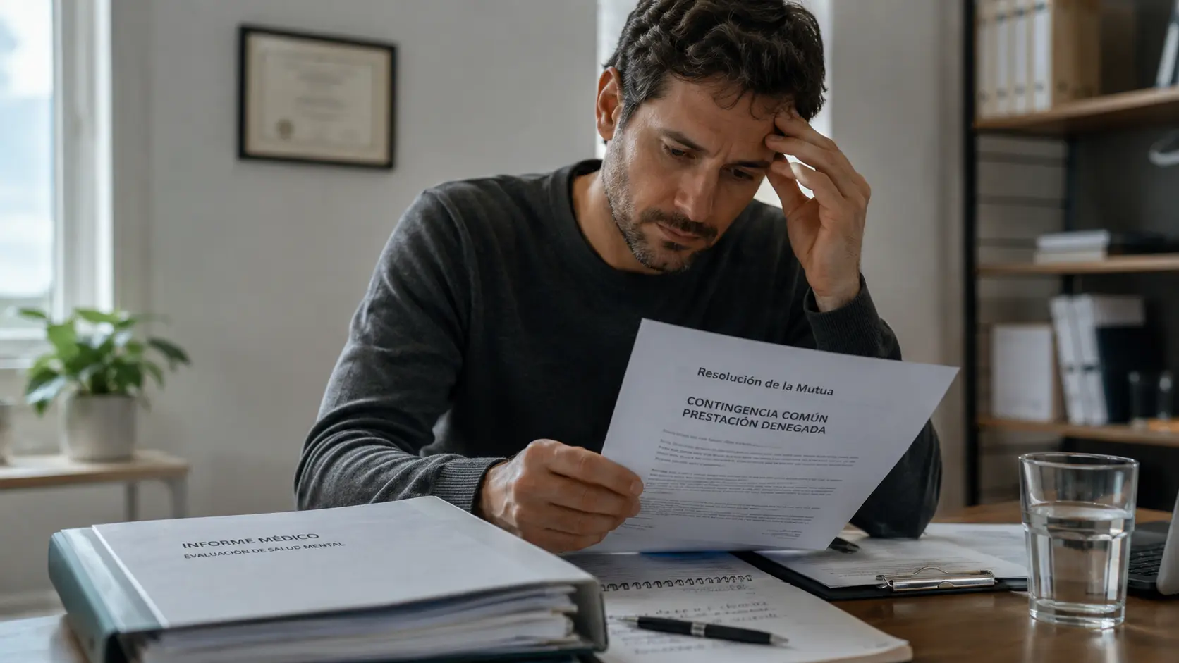 Trabajador preocupado leyendo una resolución de la mutua que niega la contingencia profesional, con informes médicos y documentación laboral sobre la mesa.