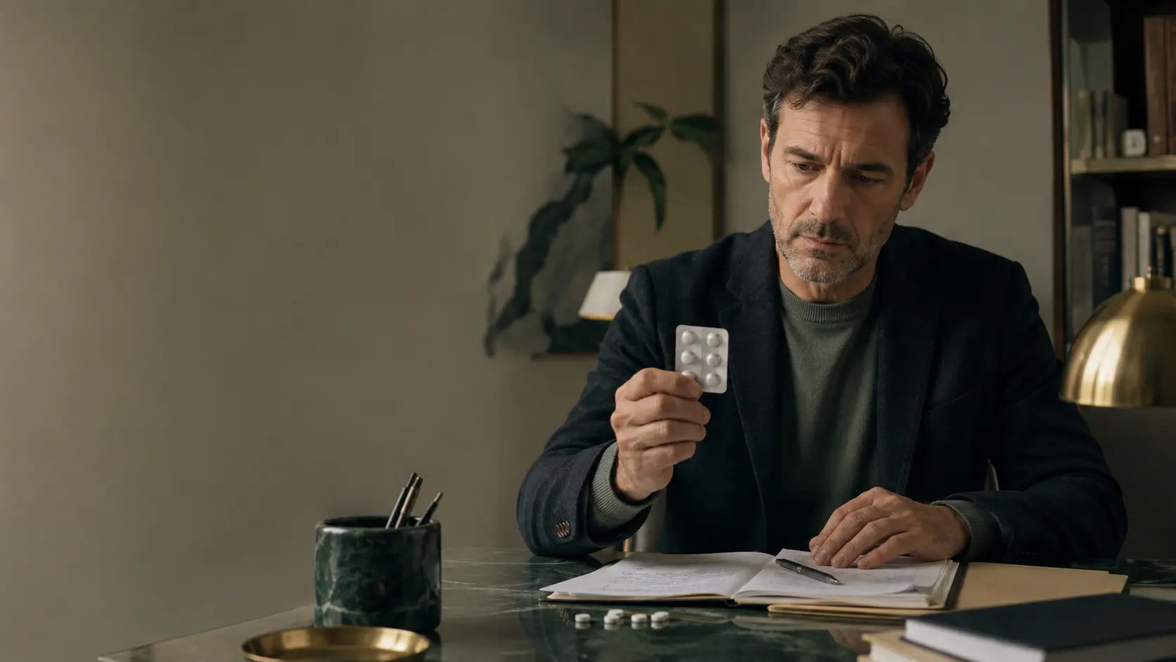 Hombre preocupado revisando un blíster de pastillas y documentación clínica, imagen editorial sobre nitazenos, opioides sintéticos, sobredosis y adicciones.