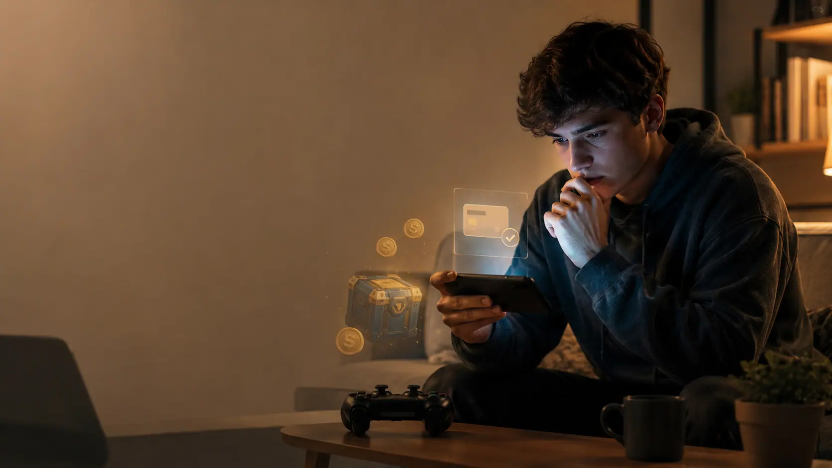 Adolescente preocupado por el gasto en loot boxes, sobres y microtransacciones dentro de videojuegos.