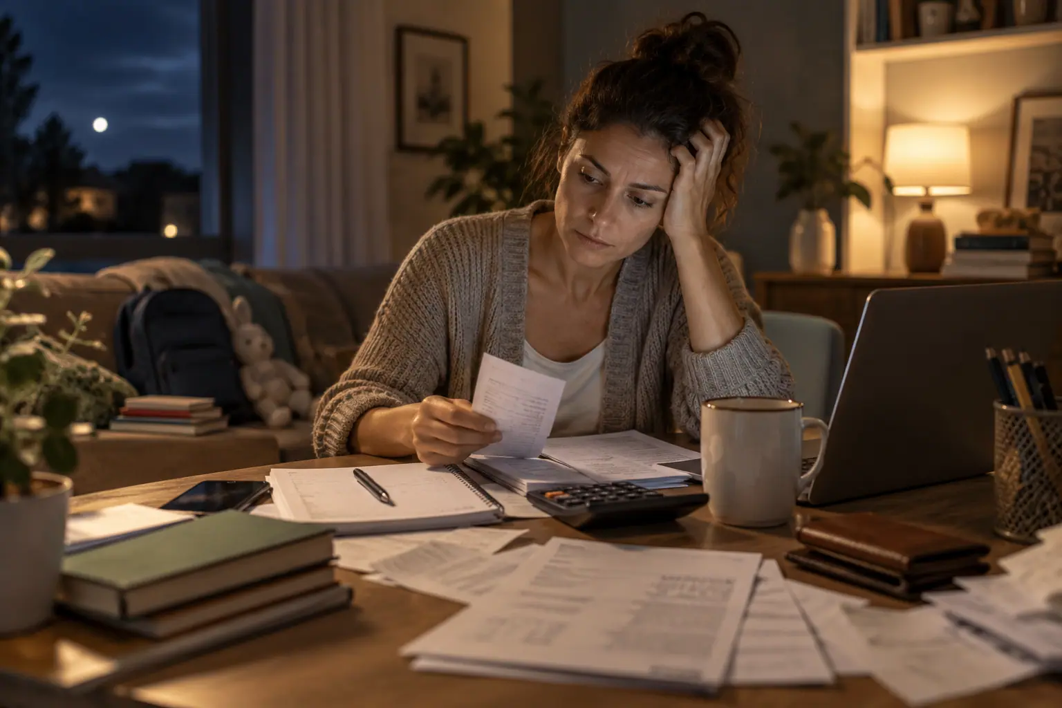 Mujer revisando facturas de noche, con una calculadora y un portátil sobre la mesa, en una escena sobre ansiedad financiera.