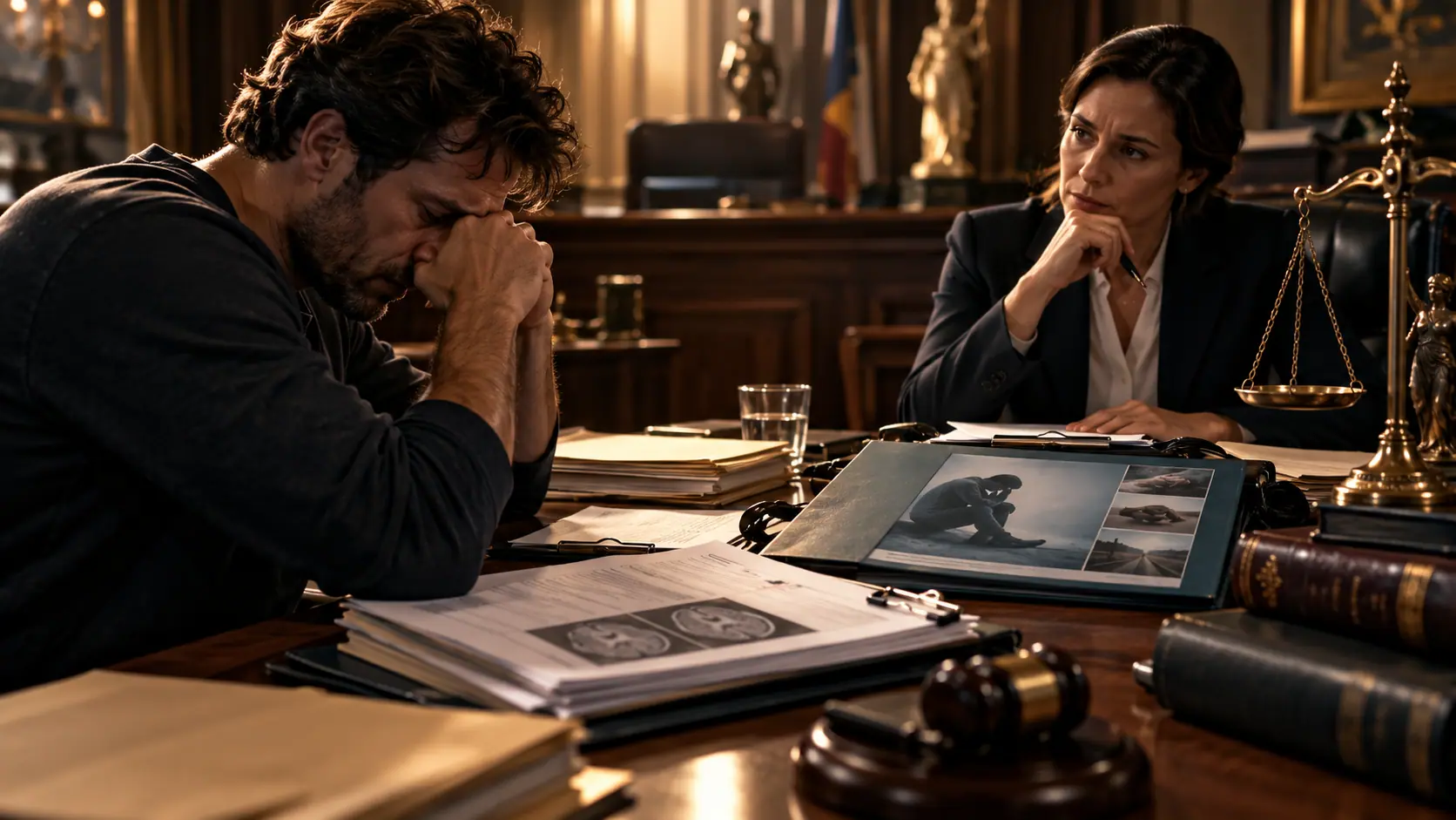 Hombre con la cabeza inclinada y las manos junto al rostro, frente a una mujer, ante una mesa con documentos y una balanza.